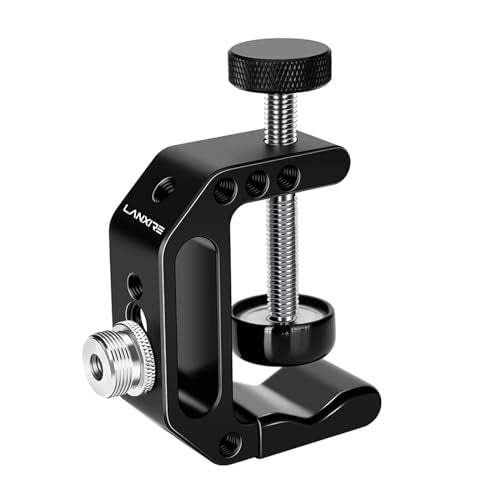 Microphone Holder C Clamp with 1/4" and 3/8" Threaded Holes, Mic Clip for Radio Studio, Podcast, Gaming, 5/8" Mic Screw Adapter for Microphones, Max Load 12lb / 5kg