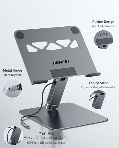 BENFEI Laptop Stand with USB C 7in1 Docking Station,HDMI 4K@60Hz,1*SD 1*Micro SD,100W Power Delivery,10Gbps 1*USB C 3.2 and 2*USB A 3.2 Compatible with MacBook Pro/Air, iPad Pro, XPS, Thinkpad - size: 7-in-1 stand
