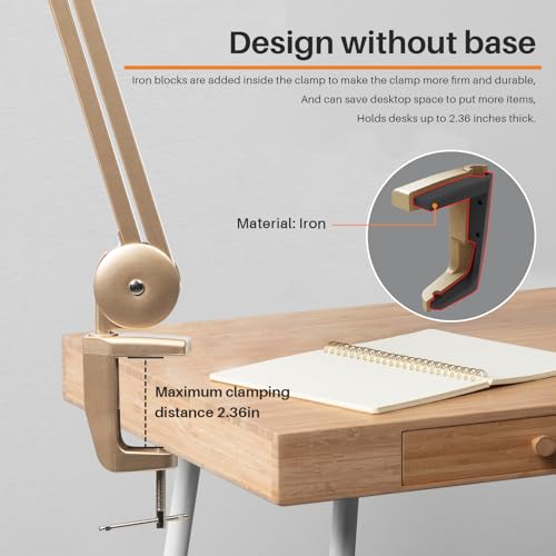 LED Desk Lamp with Clamp, Dimming Task Lamp for Reading Desktop Office Workbench Table Architect Sewing Study Home Craft, 117PCS LEDs, 2200 Lumens 20 Inch Metal Swivel Arm Work Lamp (Gold) - size: GOLD-NonCCT-Non Protective