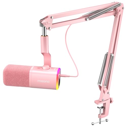 MAONO XLR/USB Gaming Microphone for PC, Dynamic Computer Mic for Streaming Podcasting, Noise Reduction, Mute, Volume Control, RGB Boom Mic for Vocal Recording,Voice-Over, PD100XS Pink - color: Pink, style: Boom Arm Version