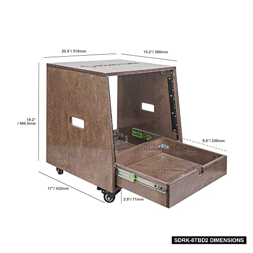 Sound Town 8U DIY Solid Baltic Birch Plywood Slanted Studio Rack with 8U Rack Space, Extra 2U Drawer, Rubber Feet, Casters, Weathered Brown (SDRK-8TBD2) - size: 8U, Weathered Brown, Slanted w/ Drawer