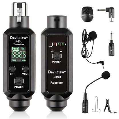 48V Phantom Power Wireless XLR System - 0V/5V/48V Switchable for Dynamic & Condenser Mics - UHF Audio Adapter with Lavalier & Instrument Microphone for Mixer PA DJ