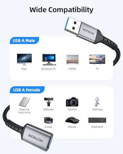 USB 3.0 Extension Cable [1FT 2Pack] Nylon Braided USB A-Male to A-Female Extender Compatible with Webcam, Camera, Hub, Mouse, Keyboard, Hard Drive, Headset,Gamepad, Printer, Memory Disk. - size: 1FT