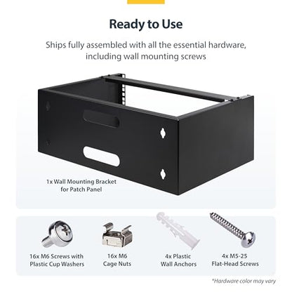 StarTech.com 4U Wall Mount Network Rack - 14 Inch Deep (Low Profile) - 19" Patch Panel Bracket for Shallow Server and IT Equipment, Network Switches - 44lbs/20kg Weight Capacity, Black (WALLMOUNT4) | Low-profile shallow rack, M6 screws and cage nuts, Fits