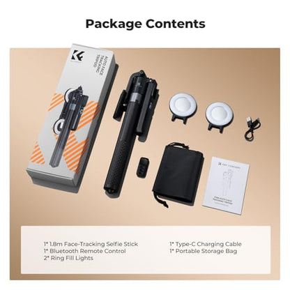 K&F CONCEPT 71“ Auto Face Tracking Tripod, 360° Rotation Selfie Stick with 2 Fill Lights, Gesture Remote Control for Vlogging, Live Streaming Video Recording, Compatible with iPhone Android Pocket 4/3 - style: With 2 Fill Lights