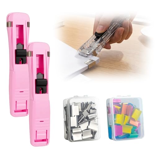 Portable Binder Clip Stapler, 2026 New Reusable Portable Paper Clam Clip Dispenser, 100 Metal Refill Clips (50 Silver + 50 Color) for Home, School, Desk Office (Pink-2PCS) - color: Pink-2pcs