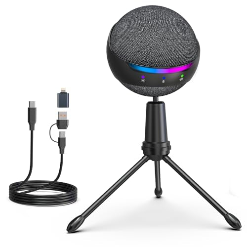 ZealSound Podcast USB Microphone for PC/Mac/iPhone, Cardioid Condenser Mic with Noise Reduction, Tap-to-Mute, RGB Lighting, Zero Latency Monitoring, Volume Control for Gaming, Recording, YouTube - color: Gray