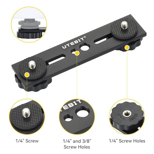 UTEBIT 5 inch Flash Bracket, 2 Pack Long Dual Camera Bracket Mount, Black | Flash Bracket Extension Bar with 1/4" Hot Shoe, Straight Flash Mount 1/4-3/8 Thread Hole Tripod Mount for Camera/LED Light - size: 5 Inch