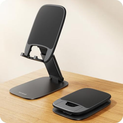 Lamicall Ultra-Thin Foldable Cell Phone Stand for Desk | 0.59" Slim Fold, Height & Angle Adjustable, Sturdy Metal Base, Thick Case Friendly for iPhone 17/16/15/14 Pro Max, Galaxy S26 - color: A-Black