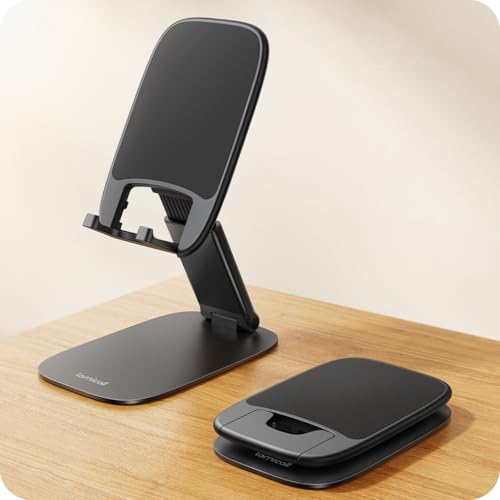 Lamicall Ultra-Thin Foldable Cell Phone Stand for Desk | 0.59" Slim Fold, Height & Angle Adjustable, Sturdy Metal Base, Thick Case Friendly for iPhone 17/16/15/14 Pro Max, Galaxy S26 - color: A-Black