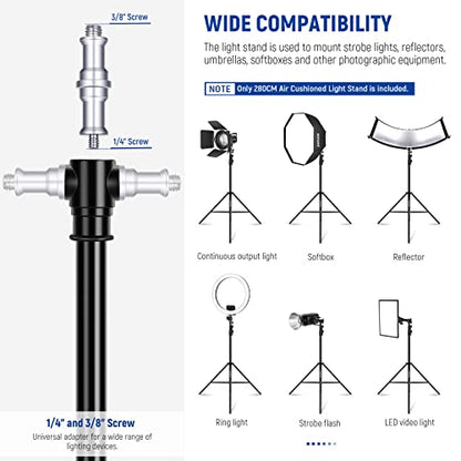 NEEWER 9.2ft/2.8m Air Cushioned Light Stand, Heavy Duty Metal Photography Tripod Stand with 1/4" to 3/8" Reversible Spigot, 3 Way Mounting Interface & Metal Locking Knobs, Max Load 5.5lb/2.5kg - size: 280cm