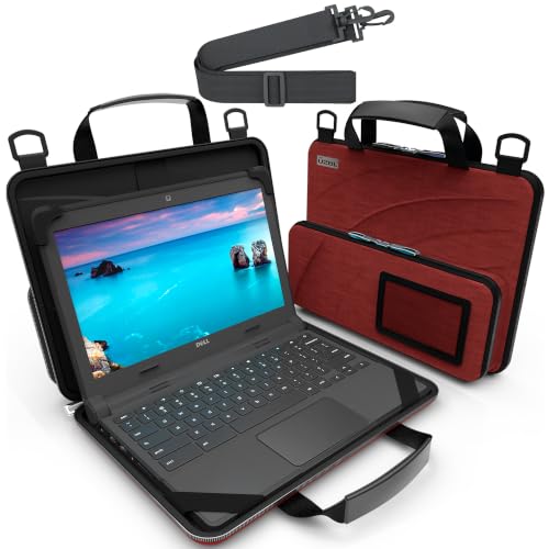 UZBL 13-14 Inch Always-on Chromebook Protective Hard Case with Accessory Pouch and Adjustable Shoulder Strap - color: Deep Red