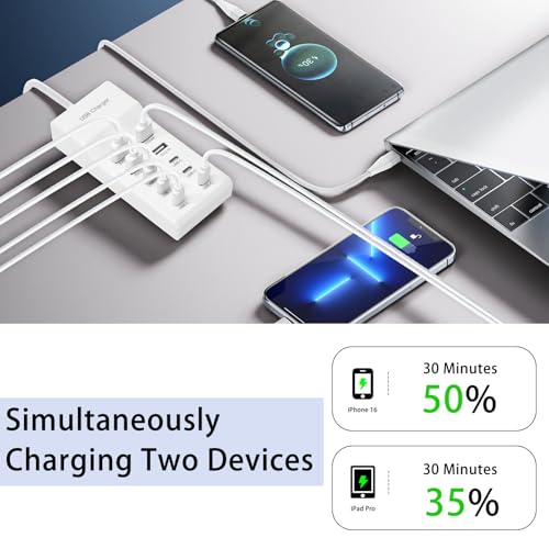 USB Fast Charger, 10-Port Portable Charging Station, Suitable for Various Devices, Compatible with iPhone, iPad, Samsung, Google, Xiaomi, Huawei and Other USB Charging Devices - color: White2
