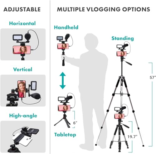 Movo iVlogger Vlogging Kit for iPhone with Fullsize Tripod - Lightning Compatible YouTube Starter Kit for Content Creators - Accessories: Tripods, Phone Mount, LED Light and Shotgun Mic - size: Lightning