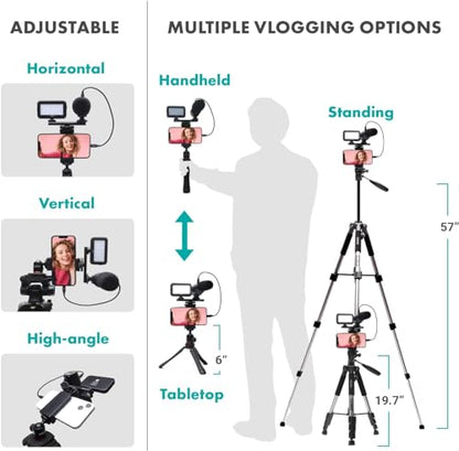 Movo iVlogger Vlogging Kit for iPhone with Fullsize Tripod - Lightning Compatible YouTube Starter Kit for Content Creators - Accessories: Tripods, Phone Mount, LED Light and Shotgun Mic - size: Lightning