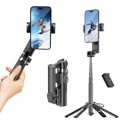 Smartphone Gimbal Stabilizer with Remote Control, Selfie Stick & Tripod, One-Touch Horizontal/Vertical Switch & 360° Automatic Rotation, Compatible with iPhone and Android
