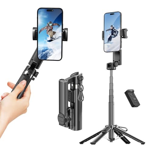 Smartphone Gimbal Stabilizer with Remote Control, Selfie Stick & Tripod, One-Touch Horizontal/Vertical Switch & 360° Automatic Rotation, Compatible with iPhone and Android