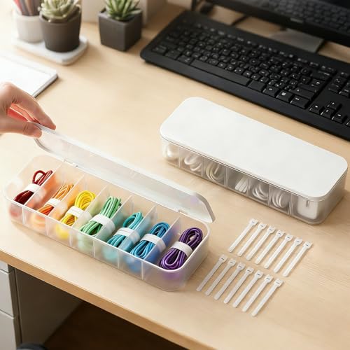 Cable Organizer Box with 7 Wire Ties, 2 Pack Desktop Cord Management Storage Case with Lid, 7 Compartments for Chargers Cables for Office Home Desk Accessories Cords (White) - size: 2pack