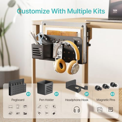 PEGZONE Desk Side Storage Organizer, No Drill Under Desk Laptop Holder, Clamp on Desks Shelf with Pegboard Accessories, Hanging Laptop Mount, Fits Flat Edge 0.4" to 2.2", Black - color: Black