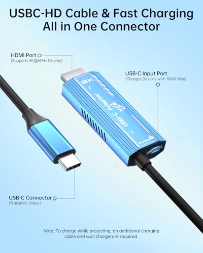 USB C to HDMI Cable Adapter, Upgrades 8K@60Hz C to HDMI Cable with 100W PD Fast Charging Adapter Compatible with Switch2/1, Mac, iPhone17 16 15, HD TV All Aluminum Body Fast Heat Dissipation 6.0FT