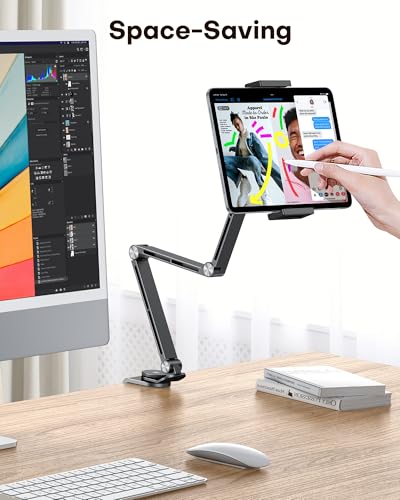 OMOTON Tablet Stand for iPad with 360° Rotation, GH03 Aluminum Alloy Long Arm Phone Mount with 2 Plastic Clamps (Phone & Tablet), Adjustable Holder for 4-13" iPad Pro/iPhone, Black - color: Black