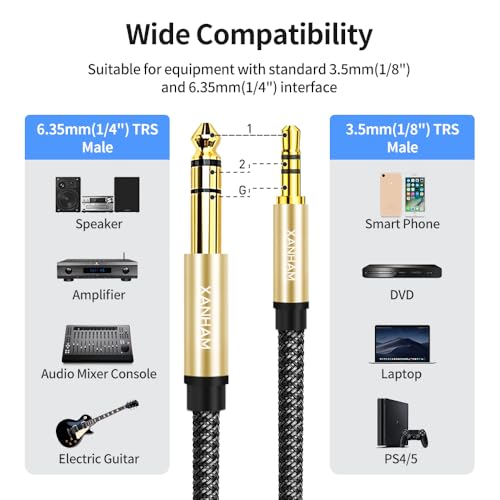 3.5mm to 1/4 Stereo Audio Cable 3.3 Feet /1M, 1/8" to 6.35mm 1/4" TRS Male Aux Cord Double Shielded with Braiding for Guitar, Amplifiers, PC, Home Theater, Speaker, etc. - size: 3.3 Feet