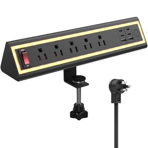 Desk Clamp Power Strip with Nightlight, 40W Fast Charging, 6FT Extension Cord, 4x20W USB-C & 2 USB Ports, 5 AC Outlets, Fits 1.69-Inch Table Edges - color: Black