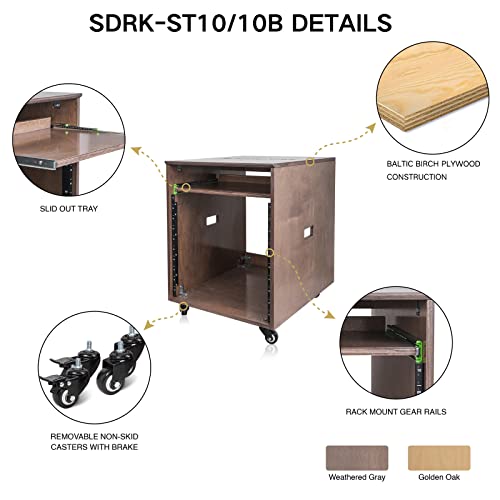 Sound Town 10U Solid Baltic Birch Plywood Studio Rack Desk with Slide-Out Tray, Rubber Feet, Casters, for Recording, Podcasts, Broadcasts, Streaming, Golden Oak (SDRK-ST10) - size: 10U, Golden Oak w/ Tray