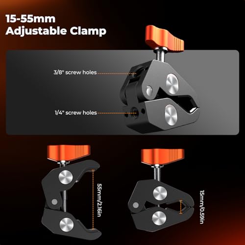 K&F CONCEPT 9.8" Magic Arm Clamp Kit with 1/4" & 3/8" Thread Screw 360° Ball Heads Articulating Magic Arm Camera Mount for Monitor, Flash, LED Light, Microphone, Camera Cage, Action Camera - style: 9.8" with Clamp