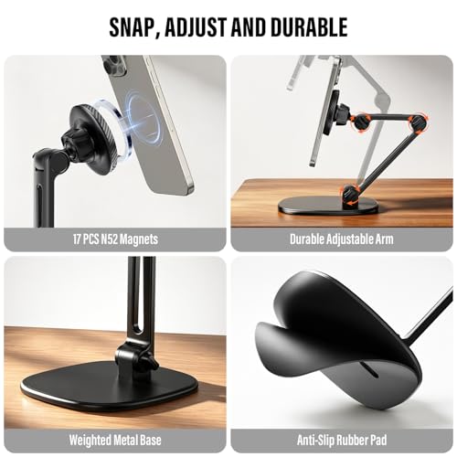 APPS2Car Magnetic Phone Stand for MagSafe, Height Adjustable Foldable iPhone Stand with Heavy Base and Metal Ring, Desk Phone Holder for iPhone 17/16/15/14/13 Pro Max, Black - color: Black - Magnetic Stand