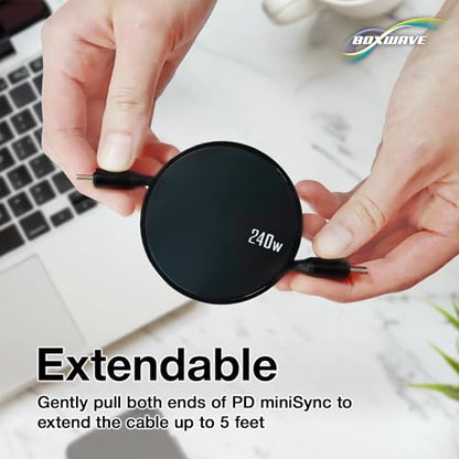 BoxWave Cable Compatible with Mileseey P200 Infrared Thermal Imaging Camera - PD miniSync (240W), Retractable PD 240W Portable USB Type-C Cable - Jet Black