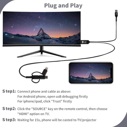 Universal 3-in-1 HDMI Mirroring Cable (6.6FT), Lightning/Micro USB/USB C to HDMI Adapter for All iPhone, Android Phones, iPad, Support 2K 60Hz 1080P Mirroring to Projector/Monitor/TV