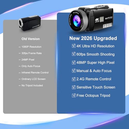 【Manual Focus】 2026 New 4K 60FPS Digital Camcorder, Video Camera with Touch Screen, 2.4G Remote Control, External Lavalier Microphone, Octopus Tripod, 32G TF Card & 2 Batteries for Vlogging