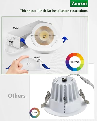zouzai 2 Inch Gimbal LED Recessed Lights, White, 6 Pack, with Junction Box, 360°+ 90° Adjustable, 5CCT 2700K-5000K, Dimmable, Canless Eyeball Downlight, CRI90+, 550LM 5W 120V, ETL - color: White-2 inch, size: 6 Pack