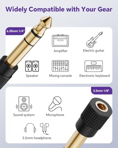 VCELINK 6.35mm 1/4 Male to 3.5mm 1/8 Female Audio Adapter, Gold-Plated TRS Stereo Jack, Solid Brass Housing, for Headphones, Guitar, Mixer, Amp, Keyboard, 2 Pack