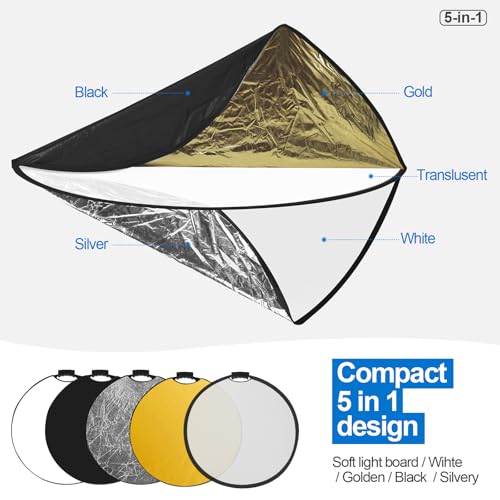 32 Inch (80cm) Photography Reflector, Collapsible Light Reflector with Bag & tilt Adapter, 5 in 1 Handle Reflector for Studio & Outdoor Lighting -Translucent, Silver, Gold, White and Black - style: Single Handle