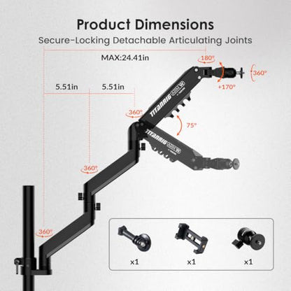 TARION Pneumatic Camera Mount 25" Modular 3-Section Titanrig Arm W | 0-13.2 lbs Load, Compatible with Titanrig 35mm Rod, Gas Spring Floating Arm, with 1/4" 3/8" Screw Ballhead, Phone Holder - size: Arm W (Pneumatic - Camera)