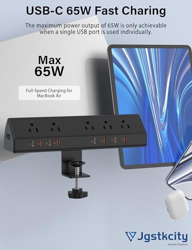 Desk Clamp Power Strip 65W Fast Charging Station,4 PD USB-C,5 Outlets,Nightstand Desk Edge Mount Tower Surge Protector,15 Amp Heavy Duty Power Strip,Fits 1.96" Tabletop Edge (Black, 6 FT Cable) - color: Black, size: 6 FT Cable