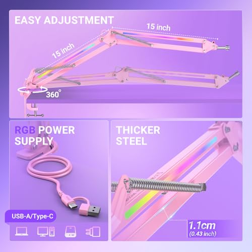 FIFINE Microphone Boom Arm, Metal Adjustable Mic Arm Stand with RGB Button, 3/8” to 5/8” Screw Adapter, Desk Mount Clamp, Suspension Scissor Mic Stand for Gaming Streaming Podcast-AmpliGame BM38P - color: Pink
