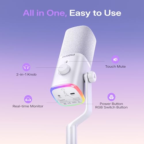 MAONO PD100W Wireless USB Dynamic Microphone, Gaming PC Mic with One-Click Noise Reduction,Mute Button,Custom RGB,3.5mm Headphone Jack,Software,Podcast Streaming Mic (Boom Arm(USB-C Receiver), White) - color: White