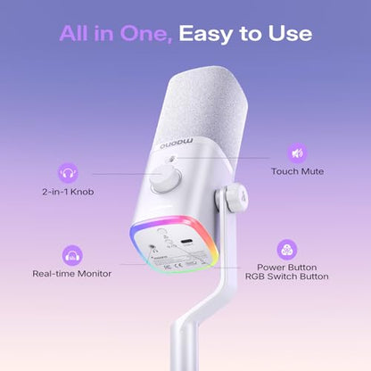 MAONO PD100W Wireless USB Dynamic Microphone, Gaming PC Mic with One-Click Noise Reduction,Mute Button,Custom RGB,3.5mm Headphone Jack,Software,Podcast Streaming Mic (Boom Arm(USB-C Receiver), White) - color: White