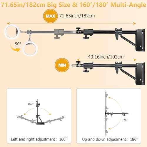 MACTREM Ring Light Wall Mount, 71.65’’/182cm Wall Mounting Triangle Boom Arm for Strobe Light, Photography, Softbox, Reflector,Umbrella,Studio Video Light, Support 180°Rotation - size: 180cm