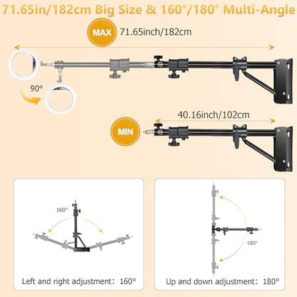 MACTREM Ring Light Wall Mount, 71.65’’/182cm Wall Mounting Triangle Boom Arm for Strobe Light, Photography, Softbox, Reflector,Umbrella,Studio Video Light, Support 180°Rotation - size: 180cm