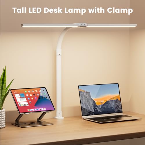 LED Desk Lamp - Bright Dimmable Computer Lamp, 24W Bendable Desk Light for Monitor Screen, Eye-Caring Tall Desktop Light for Task Home Office Work, White, Dual Head - style: Clamp Version - White