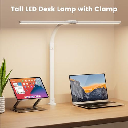 LED Desk Lamp - Bright Dimmable Computer Lamp, 24W Bendable Desk Light for Monitor Screen, Eye-Caring Tall Desktop Light for Task Home Office Work, White, Dual Head - style: Clamp Version - White