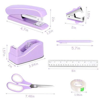 Dimonluce Purple Desk Accessories, Purple Office Supplies Accessories with Tape Dispenser, Stapler, Staple Remover, 1000 Staples, Tape, Clips Set, Ruler, Scissor, Pen - color: Purple