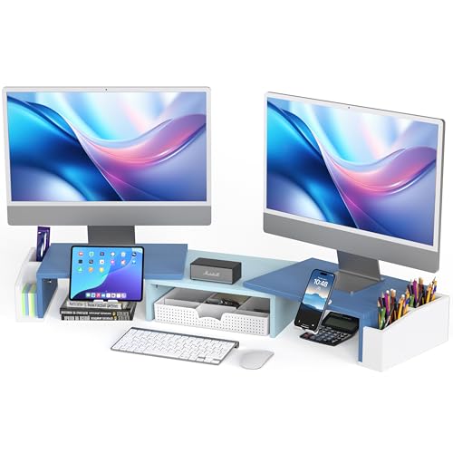 Simple Houseware Desk Dual Monitor Stand Riser with Drawer, Blue - color: Blue
