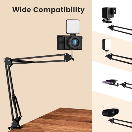 Overhead Phone Mount with LED Selfie Light and Bluetooth Remote, Rechargeable Ring Light Tripod Stand with Flexible Boom Arm, Desk Phone Holder for Video Recording, Live Streaming, TikTok, Vlogging