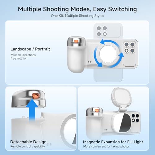Magnetic Selfie Light & Phone Camera Grip with Detachable Wireless Shutter, Ergonomic Fun Shot Grip for iPhone & Android, Supports Native Camera, Tripod Mount, Portable Creator Kit