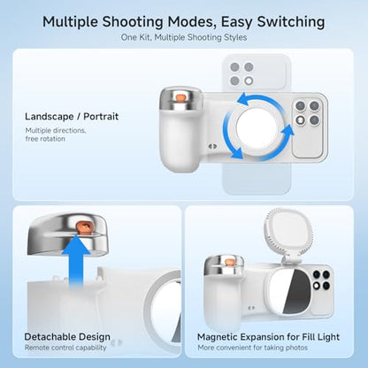 Magnetic Selfie Light & Phone Camera Grip with Detachable Wireless Shutter, Ergonomic Fun Shot Grip for iPhone & Android, Supports Native Camera, Tripod Mount, Portable Creator Kit